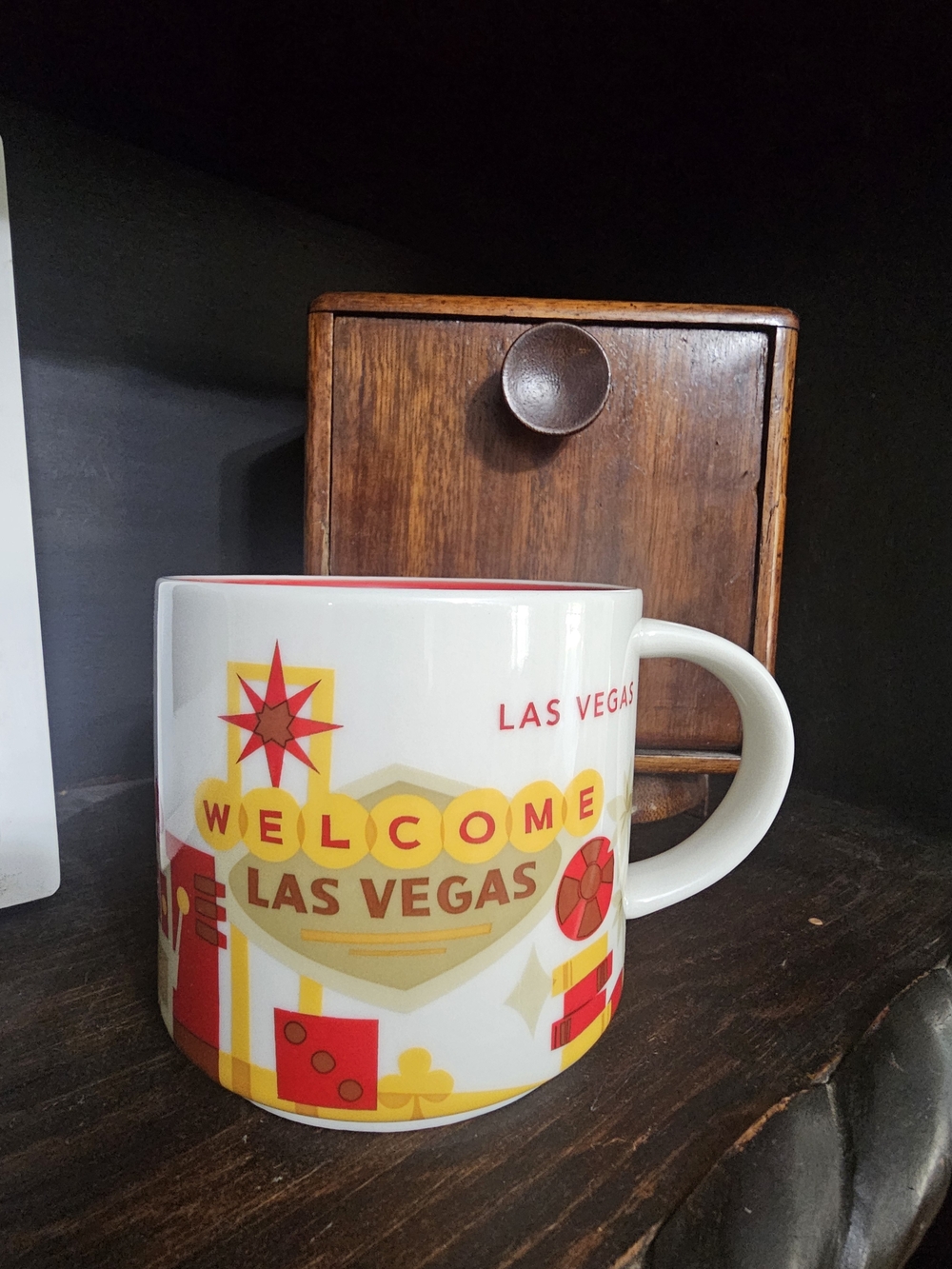 Starbucks White Ceramic Las Vegas Graphic Mug with Red and Yellow Accents